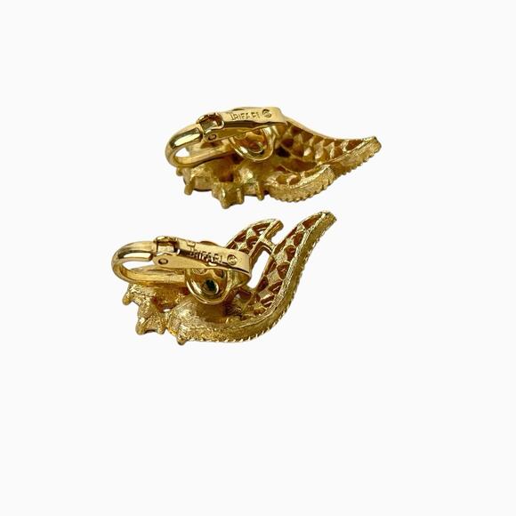 Crown Trifari Clip Earrings Clear Rhinestones Bright Sparkle Swirl Leaf Goldtone - Picture 7 of 11